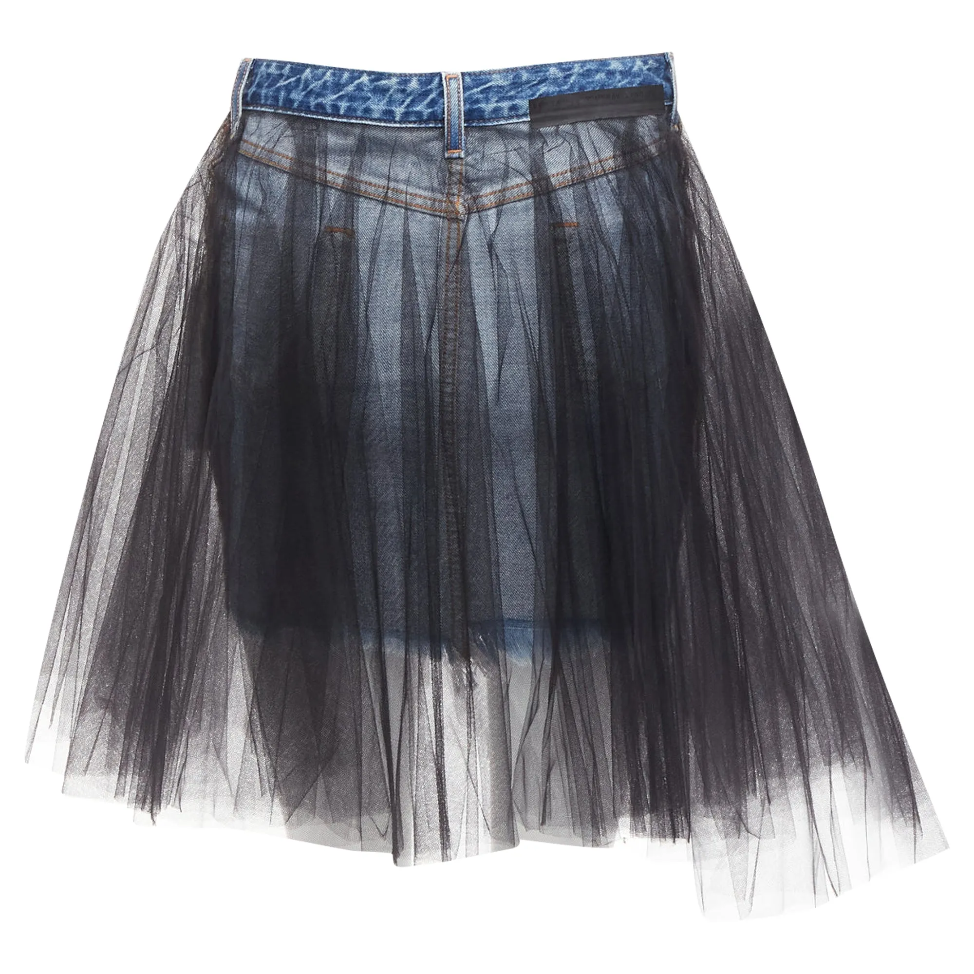 Unravel Project ruffle tulle overlay inside out denim skirt