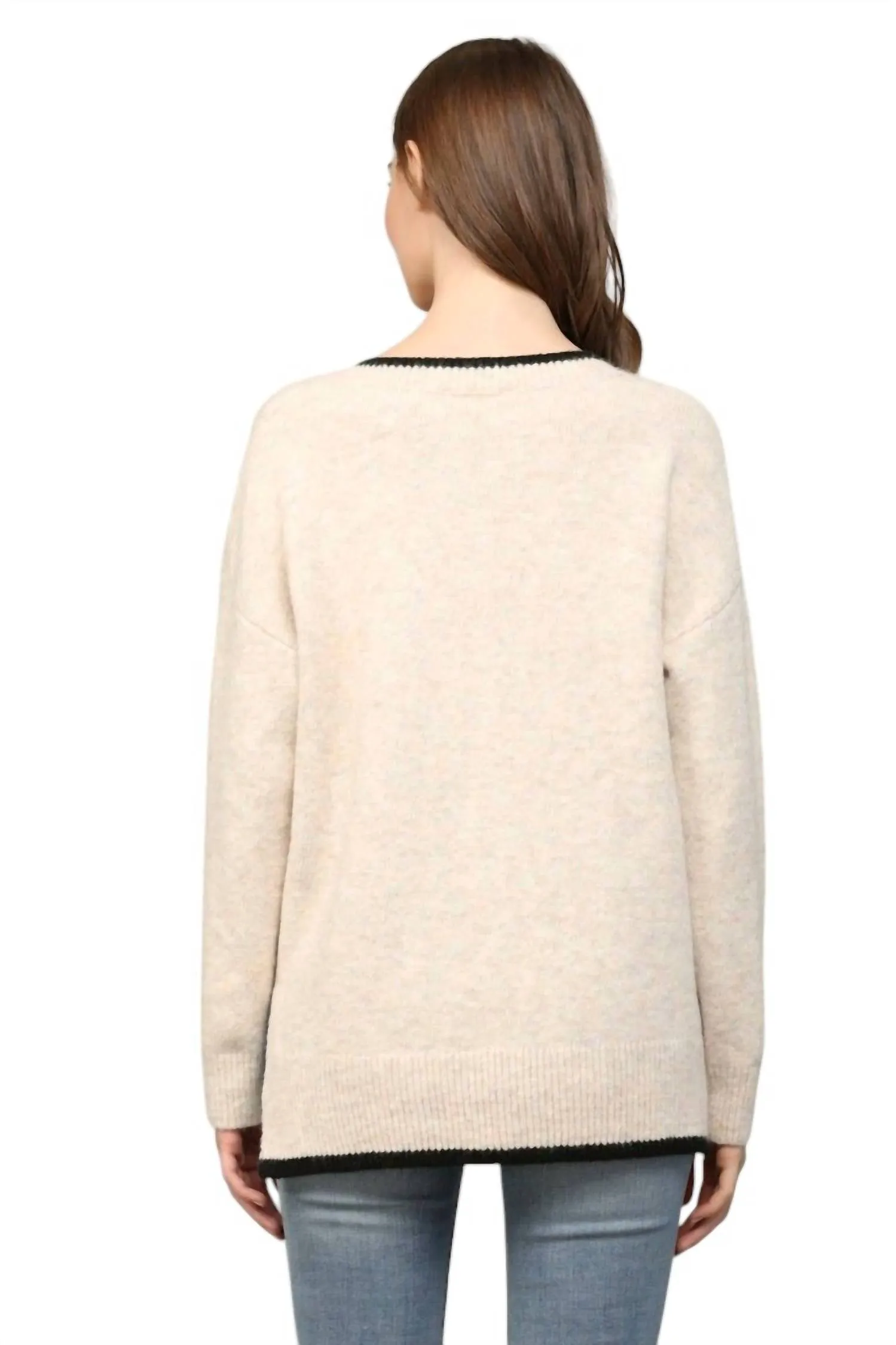 V-Neck Sweater In Oatmeal/black