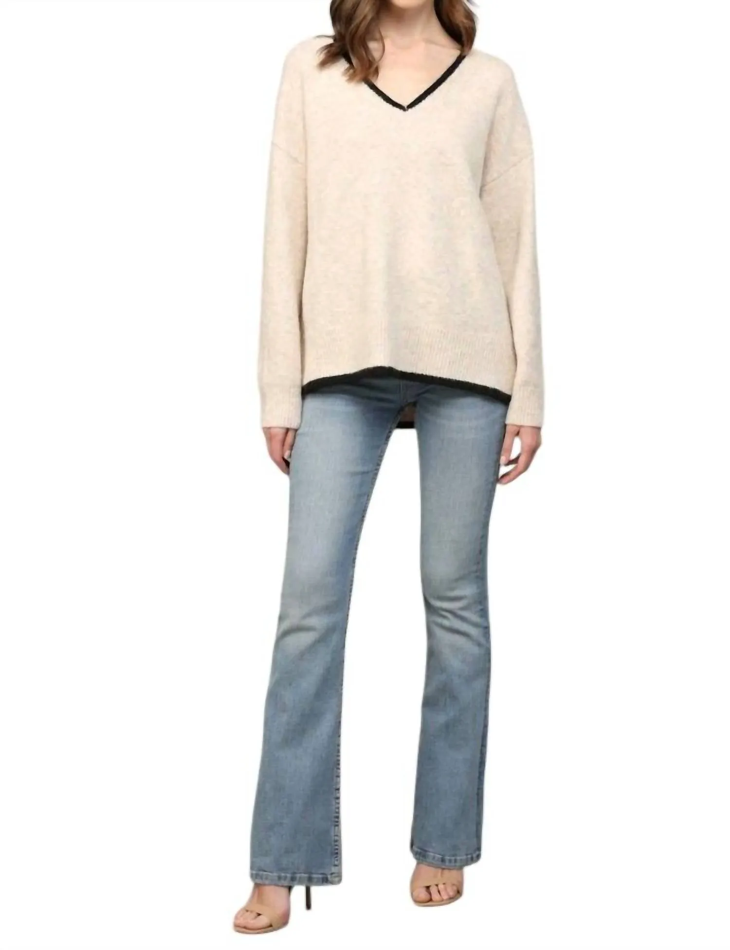 V-Neck Sweater In Oatmeal/black