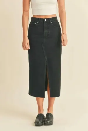 Washed Denim Midi Skirt In Black