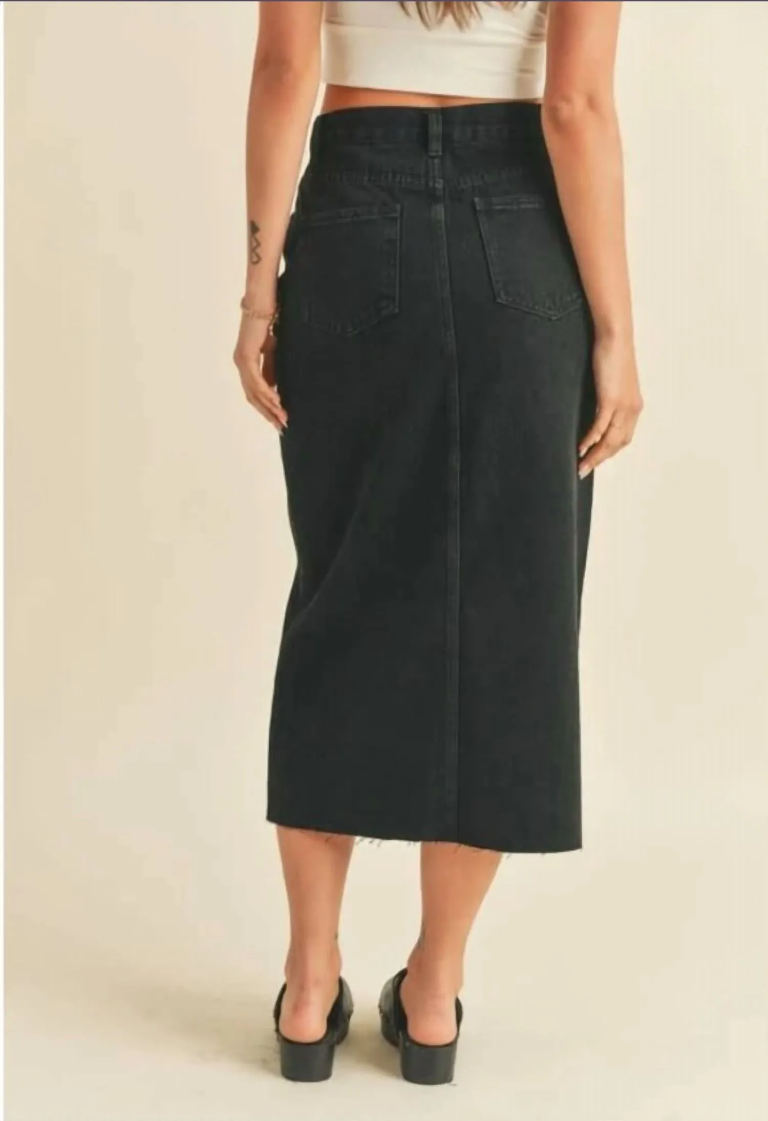 Washed Denim Midi Skirt In Black
