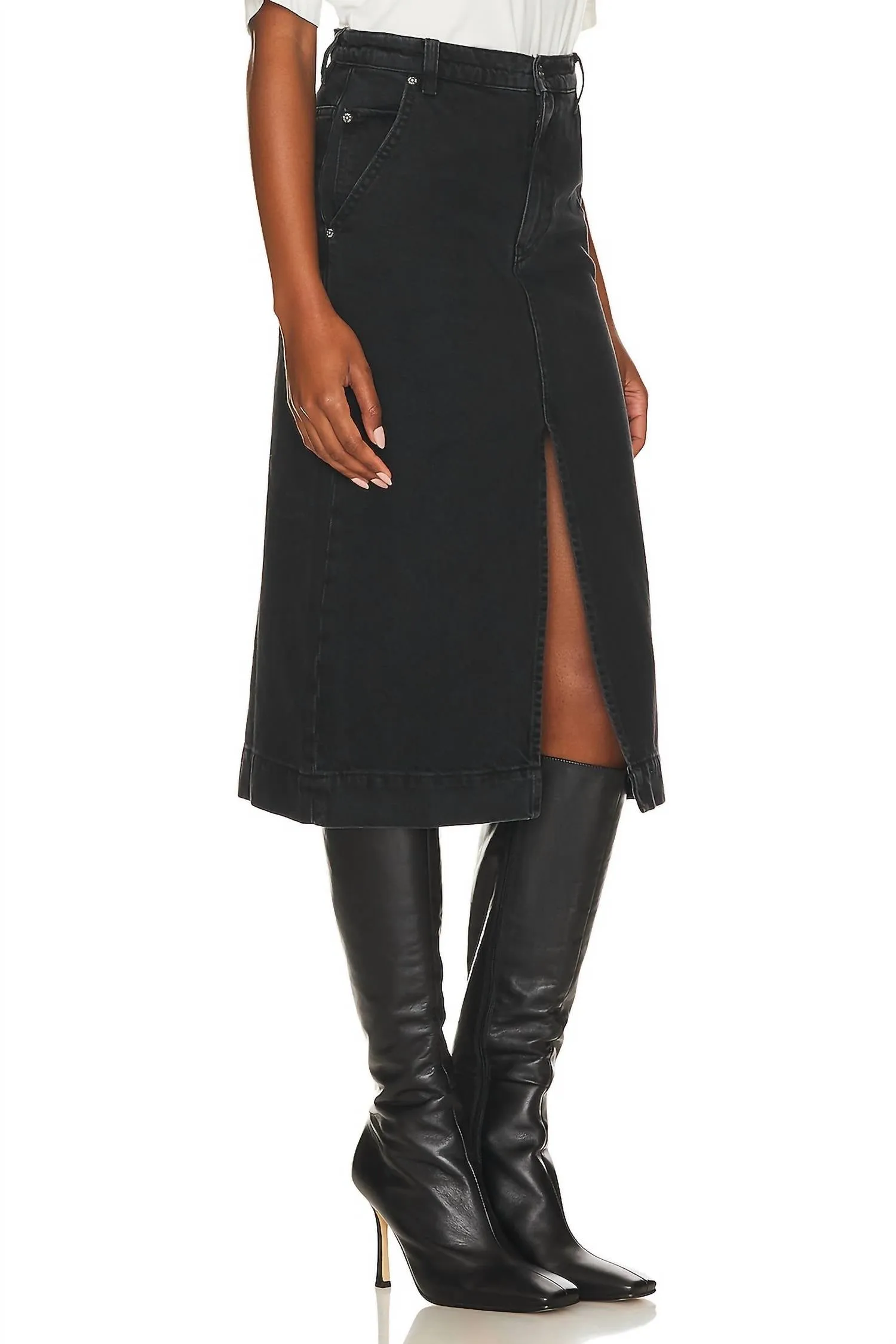 Wild Roses Midi Denim Skirt In Black