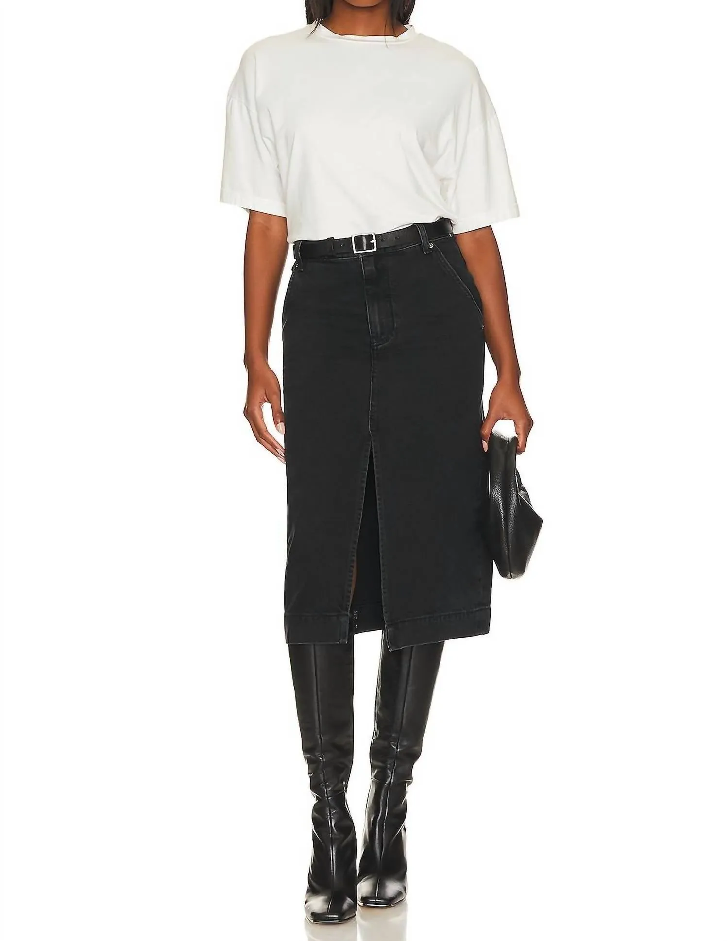Wild Roses Midi Denim Skirt In Black