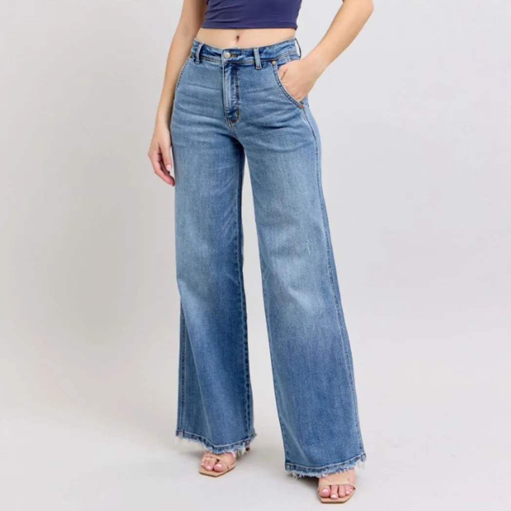Women's Med Wash High Waisted Retro Wide Leg Jeans