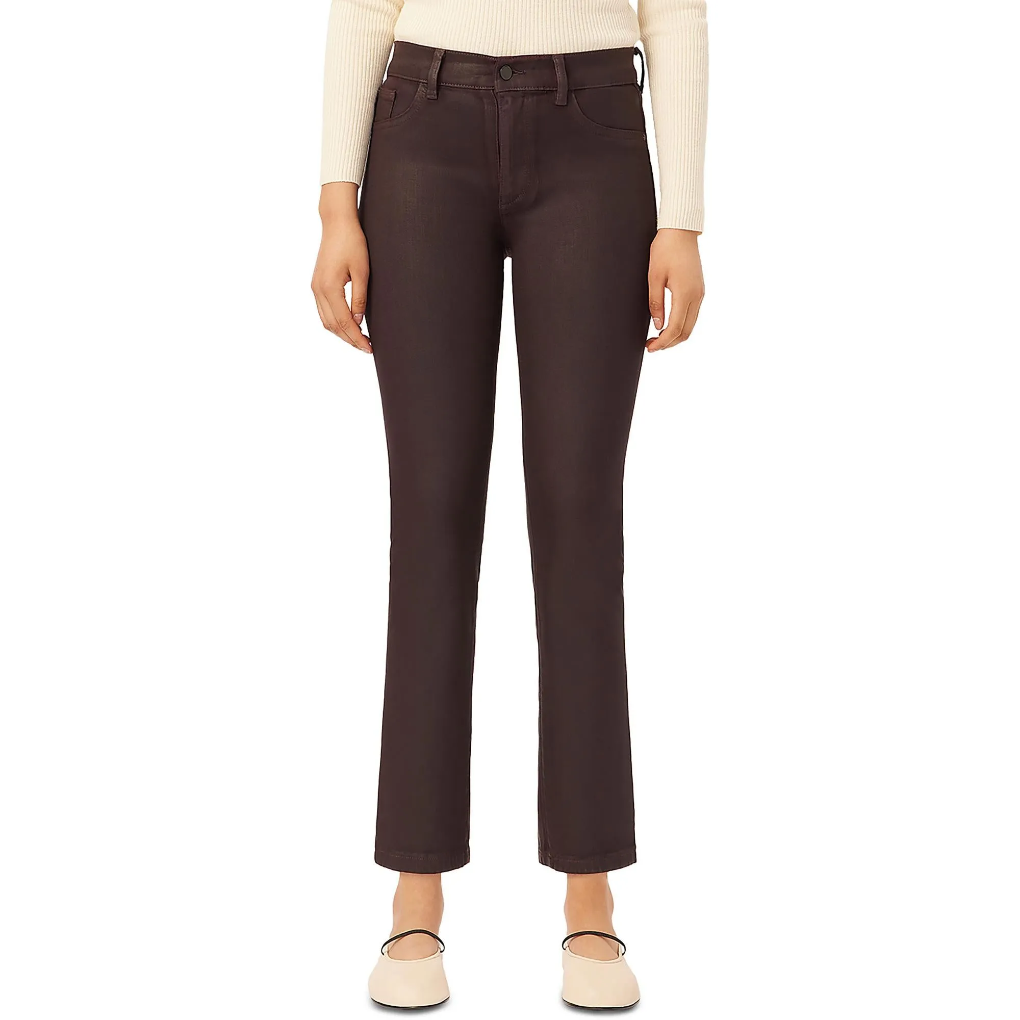 Womens Mid-Rise Coated Straight Leg Jeans