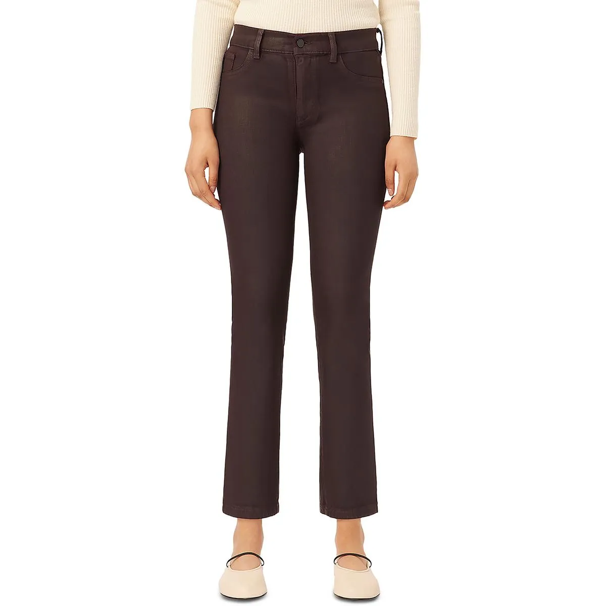 Womens Mid-Rise Coated Straight Leg Jeans