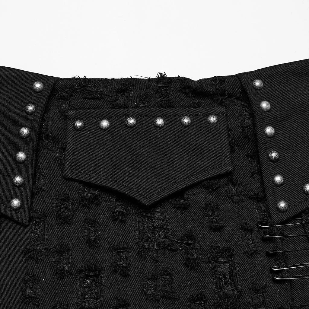 Women's Punk Studded Ripped Denim Skirt