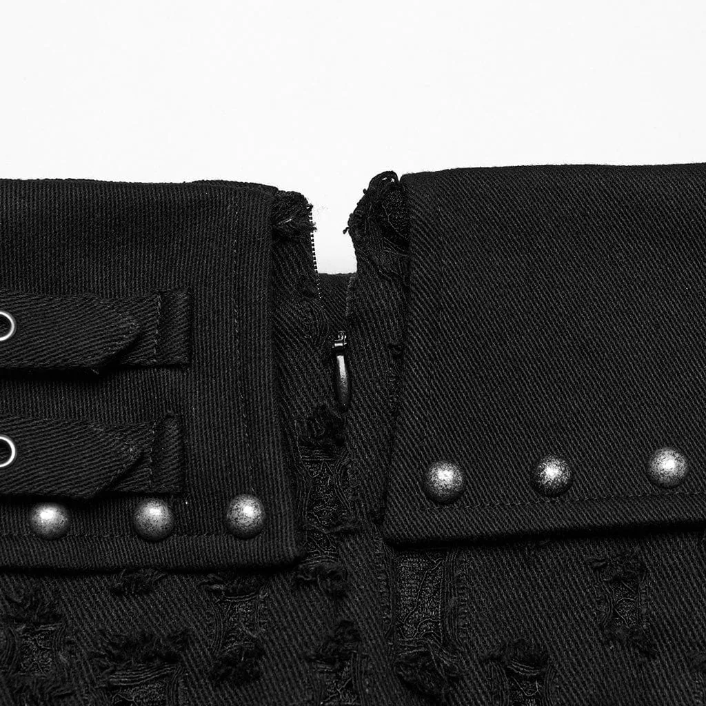 Women's Punk Studded Ripped Denim Skirt