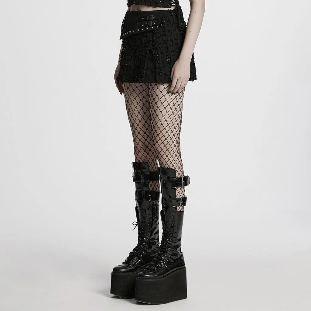 Women's Punk Studded Ripped Denim Skirt