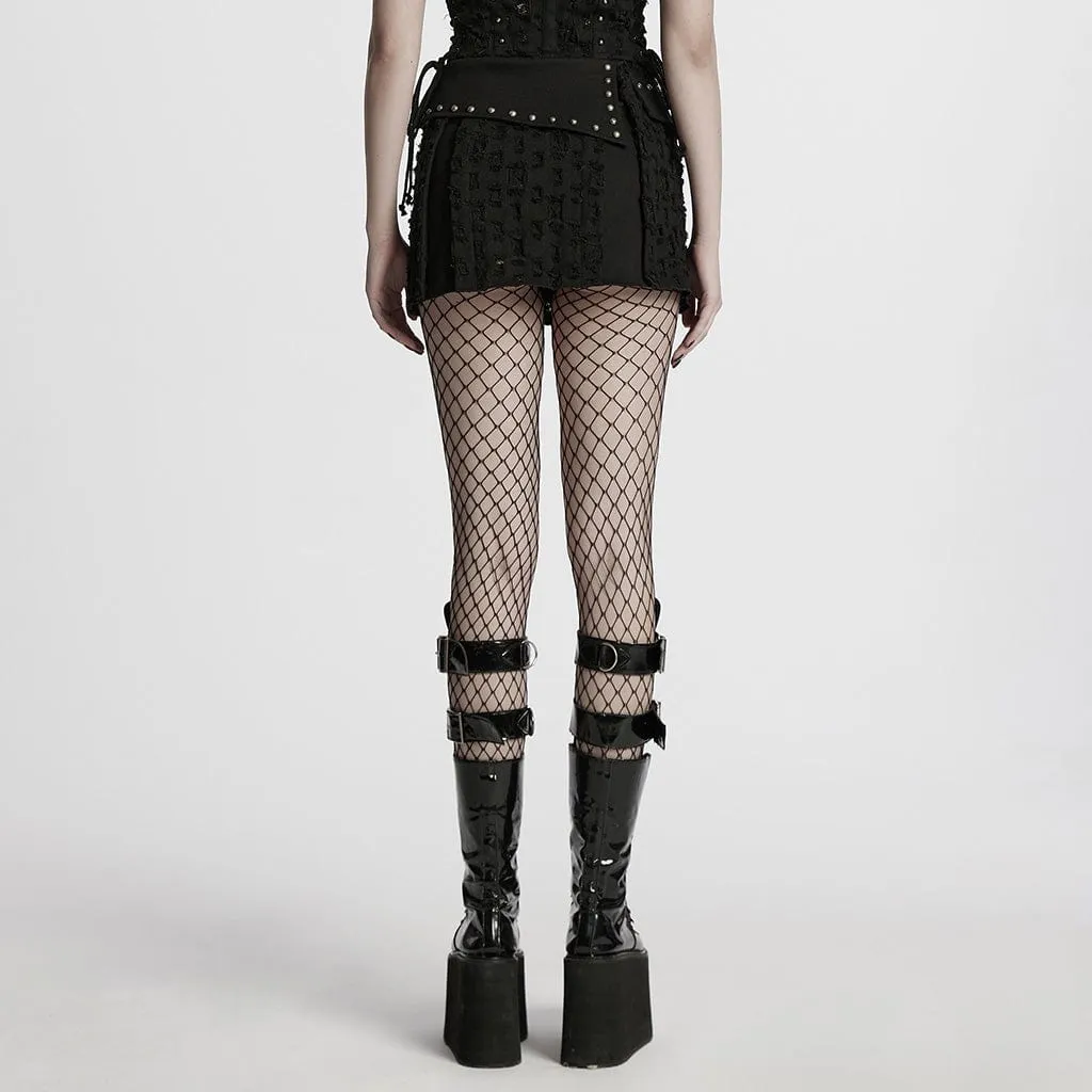 Women's Punk Studded Ripped Denim Skirt
