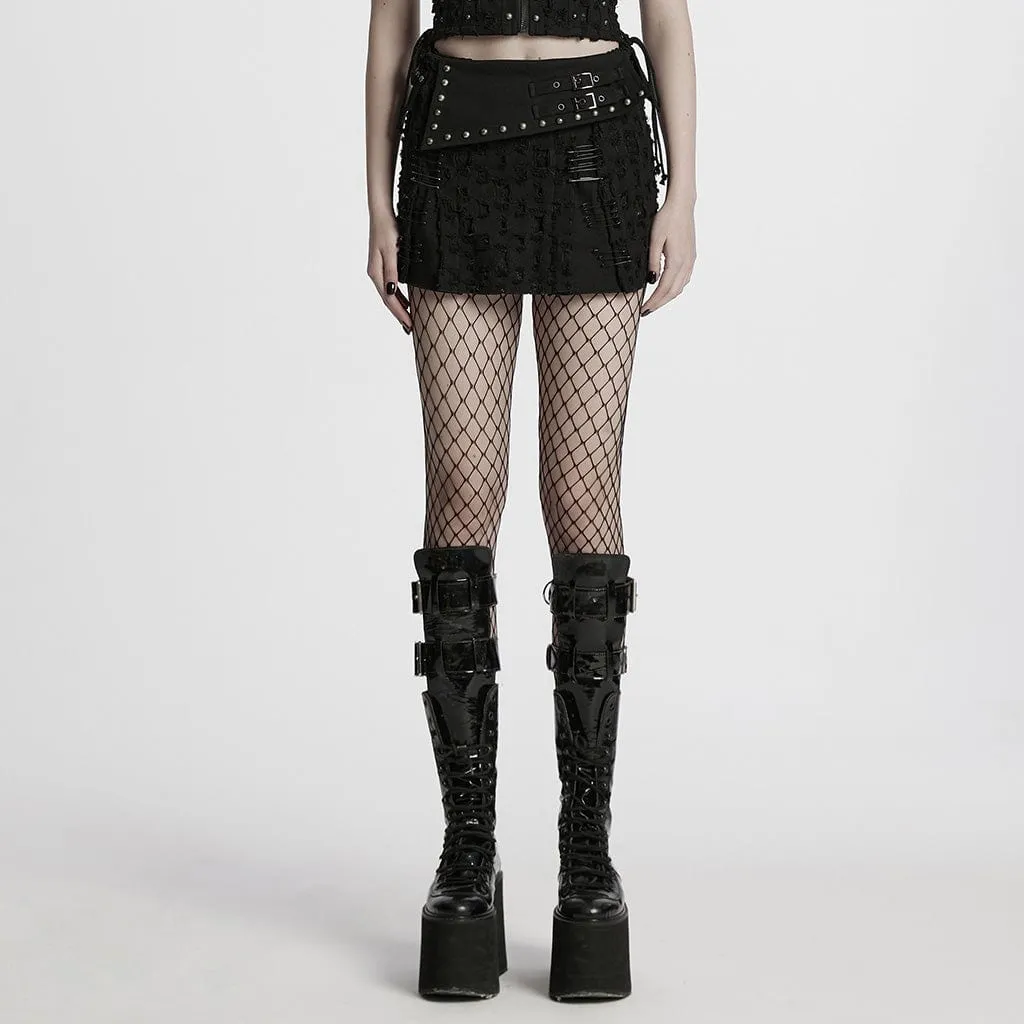 Women's Punk Studded Ripped Denim Skirt