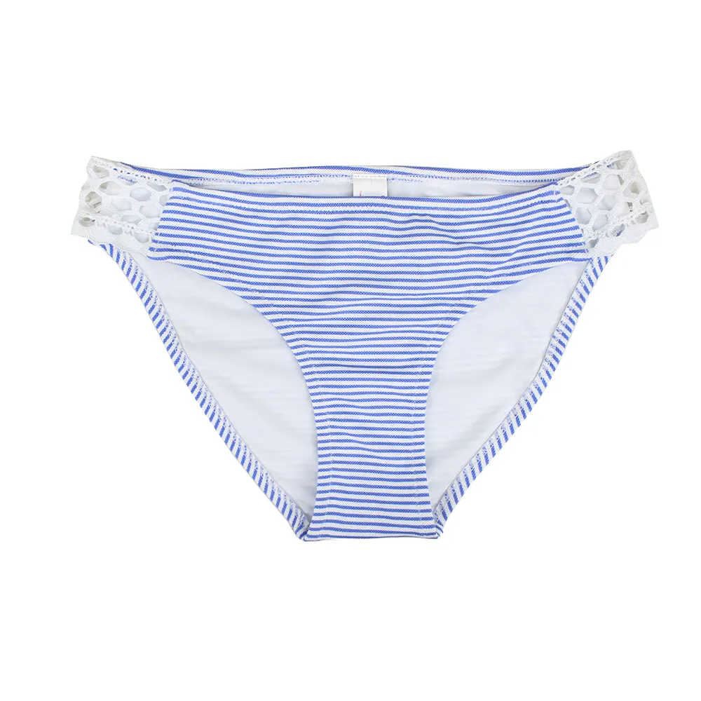 Women's Striped Lace Side Bikini Bottom,Blue/White