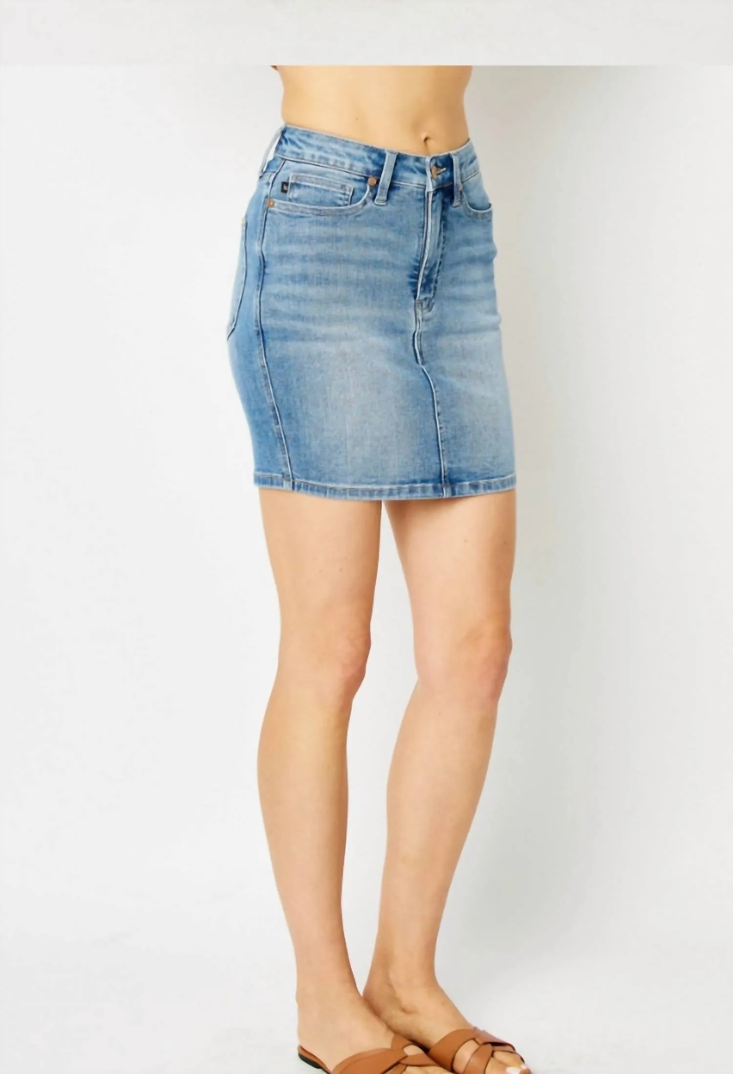 Work It Tummy Control Denim Skirt In Blue